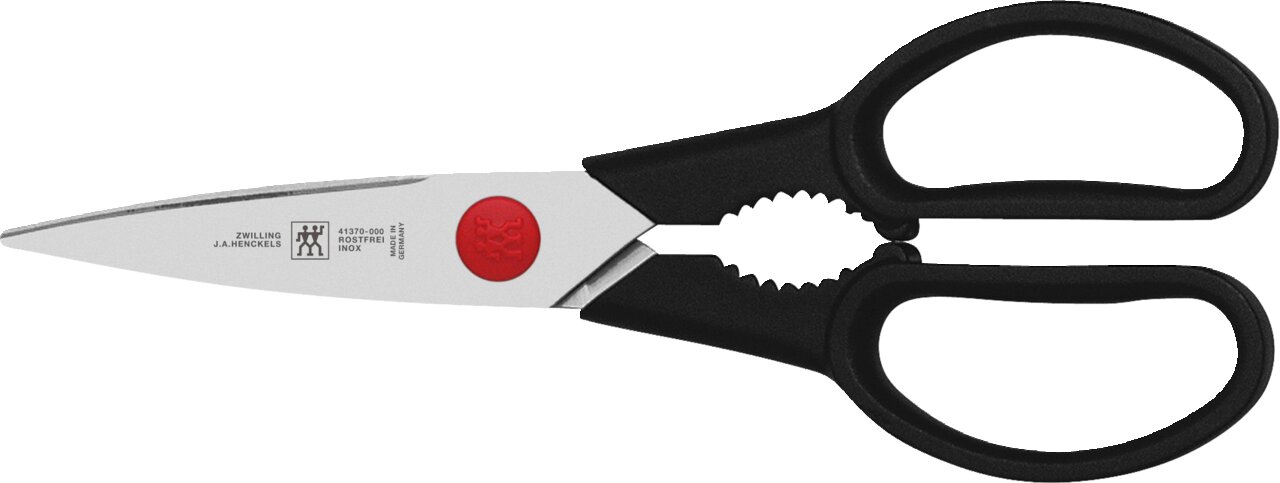 Küchenschere von Zwilling J.A. Henckels mit schwarzem Griff und Edelstahlklingen, seitliche Ansicht