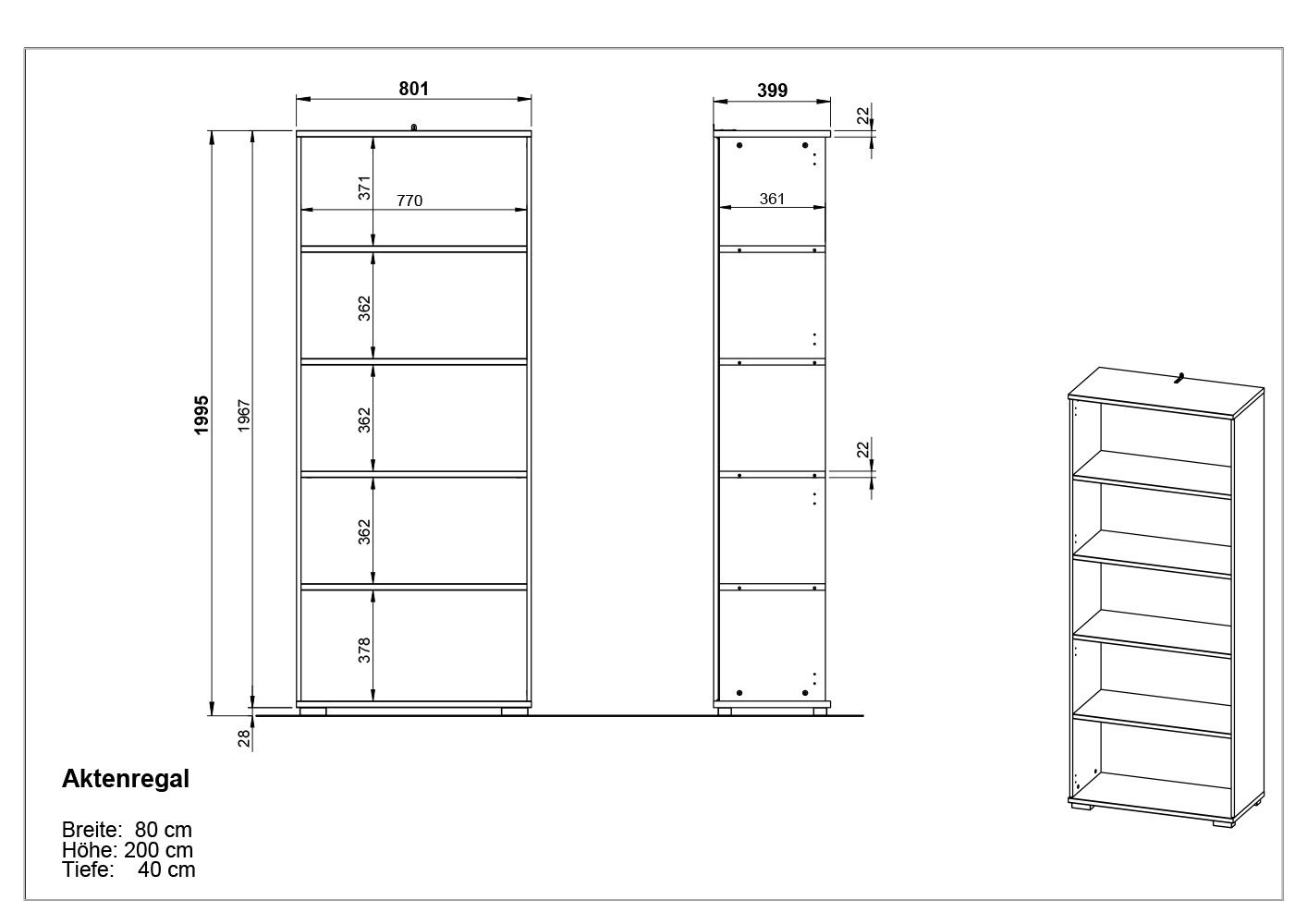 Frontale und seitliche Ansicht eines Aktenregals mit fünf Regalböden, Maße: Breite 80 cm, Höhe 200 cm, Tiefe 40 cm.