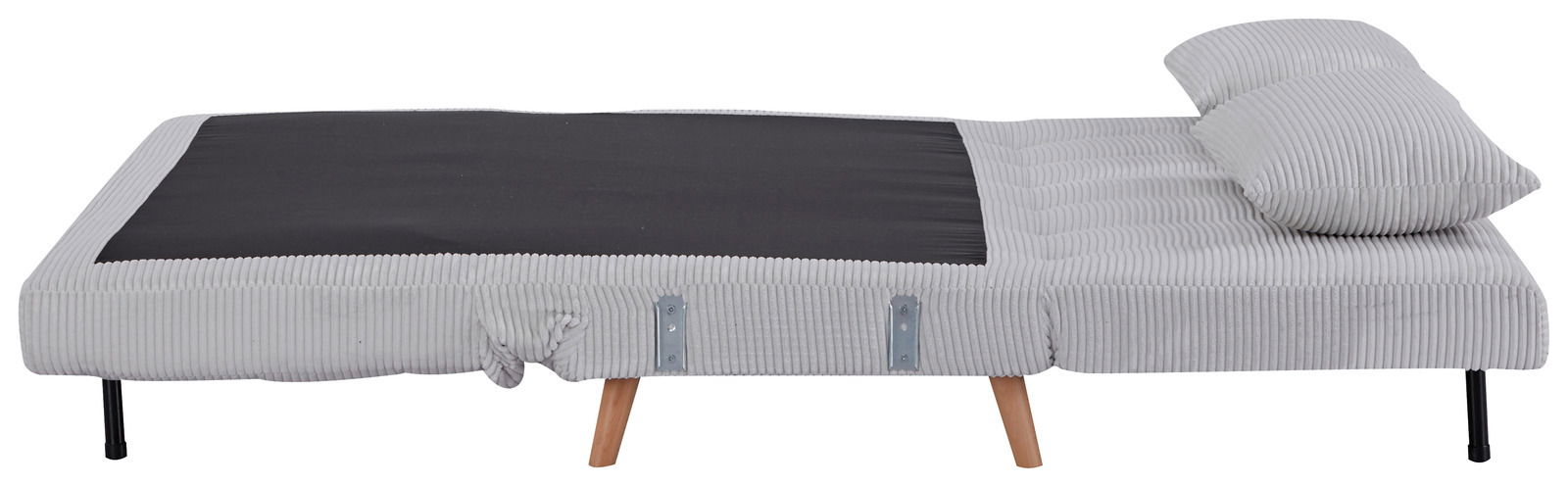 Seitenansicht eines grauen Funktionssofas mit Holzbeinen, ausgeklappt in Bettposition.
