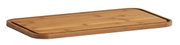 Rechteckiges Holzbrett aus Bambus, schräg von der Seite fotografiert.