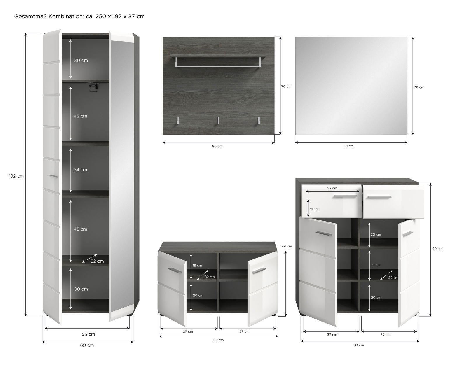 Garderobenkombination SALSA in Frontansicht mit mehreren Schränken, Spiegel und Hakenleiste, Gesamtmaß ca. 250 x 192 x 37 cm.