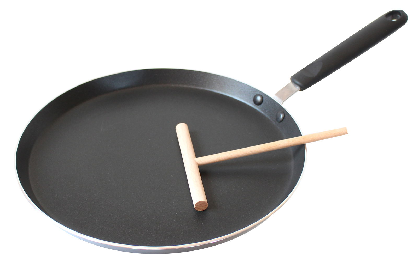 Crêpes-Pfanne mit Teigroller, seitliche Perspektive