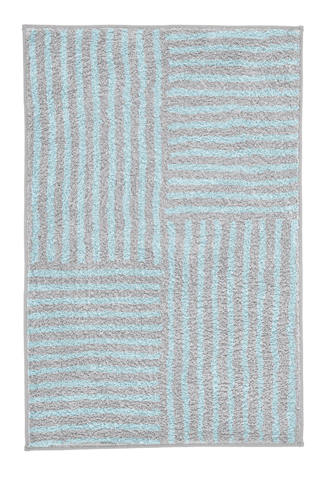Badteppich mit grauen und blauen Streifen, Draufsicht