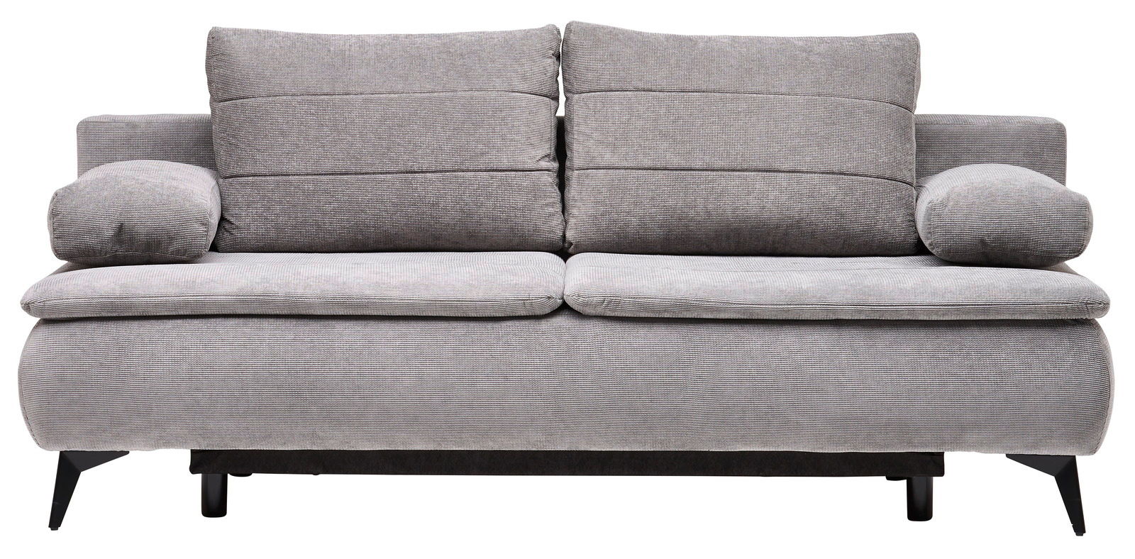 Graues Boxspring-Funktionssofa in Frontalansicht mit zwei großen Rückenkissen und Armlehnen.