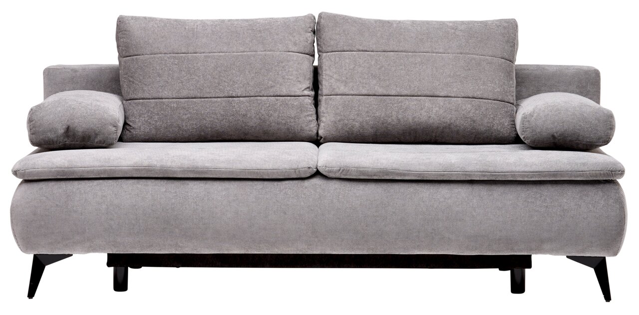 Graues Boxspring-Funktionssofa in Frontalansicht mit zwei großen Rückenkissen und Armlehnen.