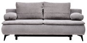 Graues Boxspring-Funktionssofa in Frontalansicht mit zwei großen Rückenkissen und Armlehnen.