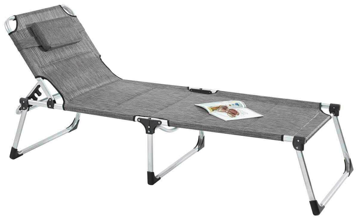 Graue Liege mit verstellbarer Rückenlehne und Kissen, seitliche Perspektive