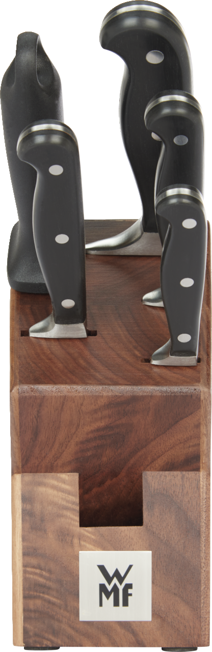 Messerblock Spitzenklasse 6-teilig, Vorderansicht mit sichtbaren Messergriffen und WMF-Logo