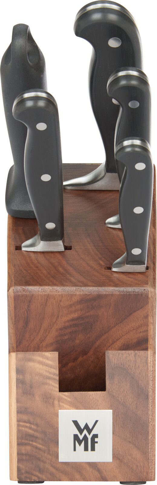 Messerblock Spitzenklasse 6-teilig, Vorderansicht mit sichtbaren Messergriffen und WMF-Logo