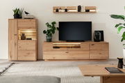 Moderne Wandkombination aus Holz mit TV-Schrank, Regal und Vitrine, frontal fotografiert.
