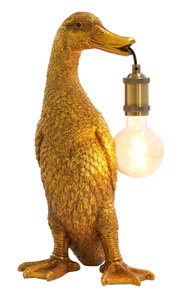 Gouden tafellamp in de vorm van een eend die een gloeilamp in zijn snavel houdt, zijaanzicht