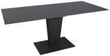 Moderner schwarzer Esstisch mit rechteckiger Tischplatte und zentralem Standfuß, seitliche Perspektive