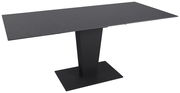 Moderner schwarzer Esstisch mit rechteckiger Tischplatte und zentralem Standfuß, seitliche Perspektive