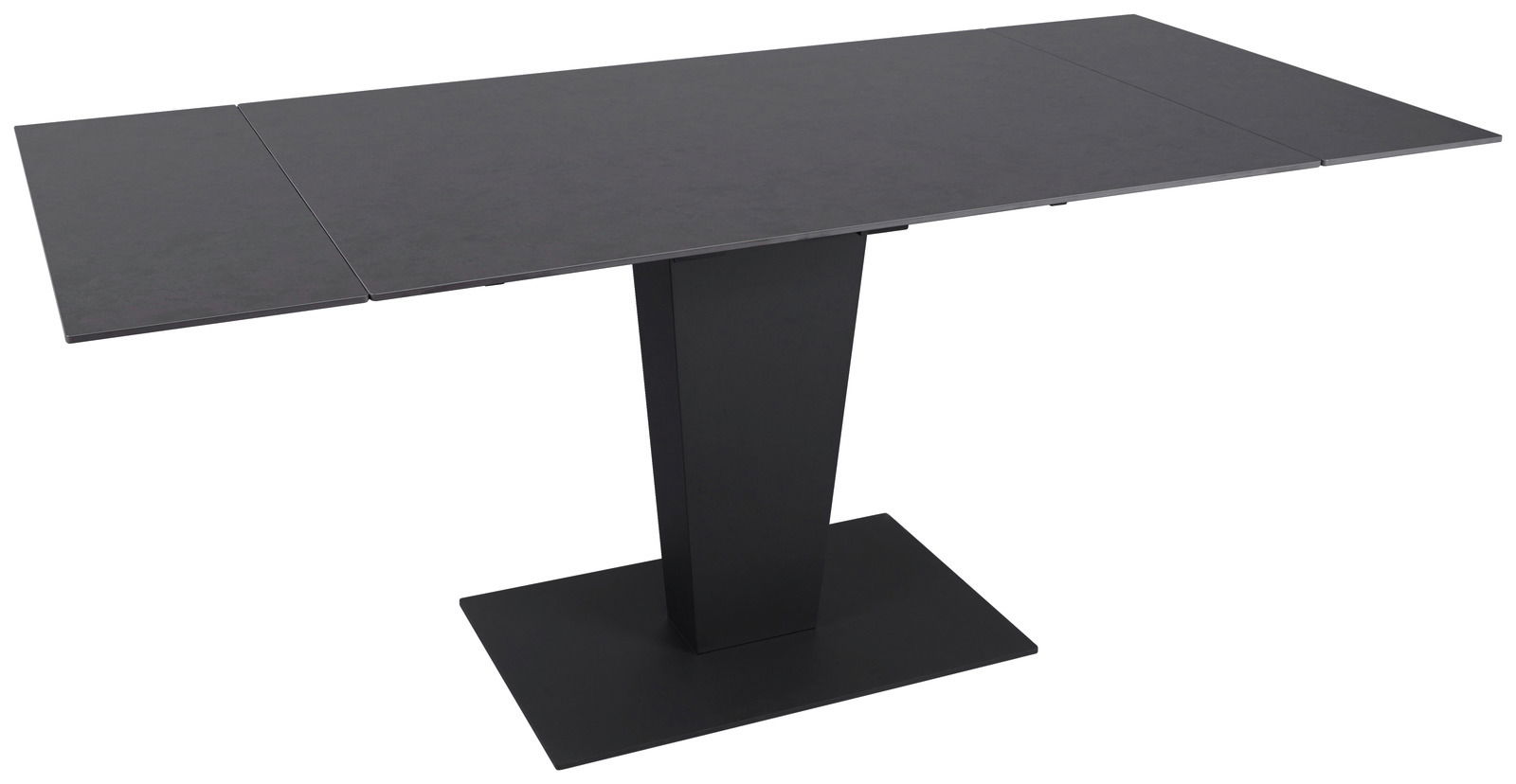 Moderner schwarzer Esstisch mit rechteckiger Tischplatte und zentralem Standfuß, seitliche Perspektive