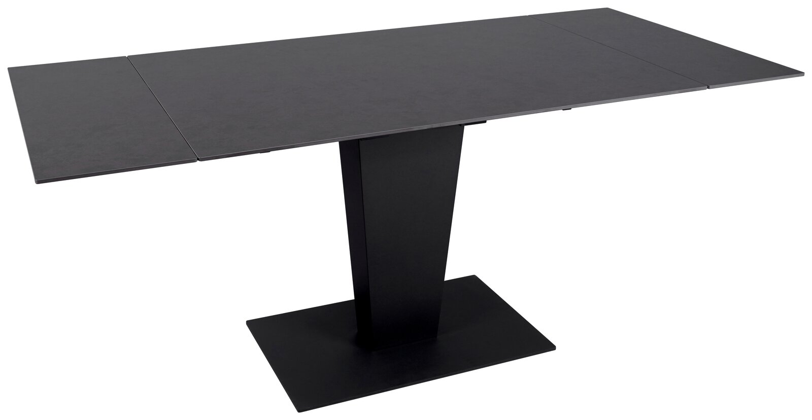 Moderner schwarzer Esstisch mit rechteckiger Tischplatte und zentralem Standfuß, seitliche Perspektive