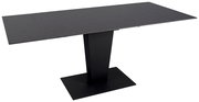 Moderner schwarzer Esstisch mit rechteckiger Tischplatte und zentralem Standfuß, seitliche Perspektive