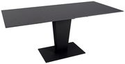 Moderner schwarzer Esstisch mit rechteckiger Tischplatte und zentralem Standfuß, seitliche Perspektive
