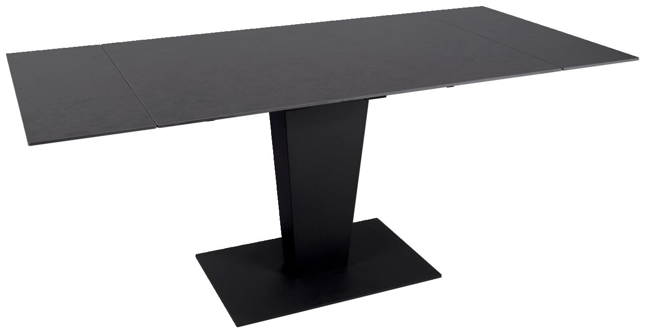 Moderne zwarte eettafel met rechthoekig tafelblad en centrale poot, zijaanzicht