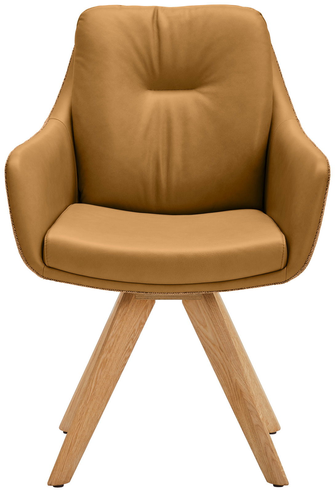 Moderner Armlehnstuhl mit braunem Lederbezug und Holzbeinen, Frontalansicht