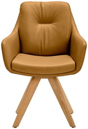 Moderner Armlehnstuhl mit braunem Lederbezug und Holzbeinen, Frontalansicht