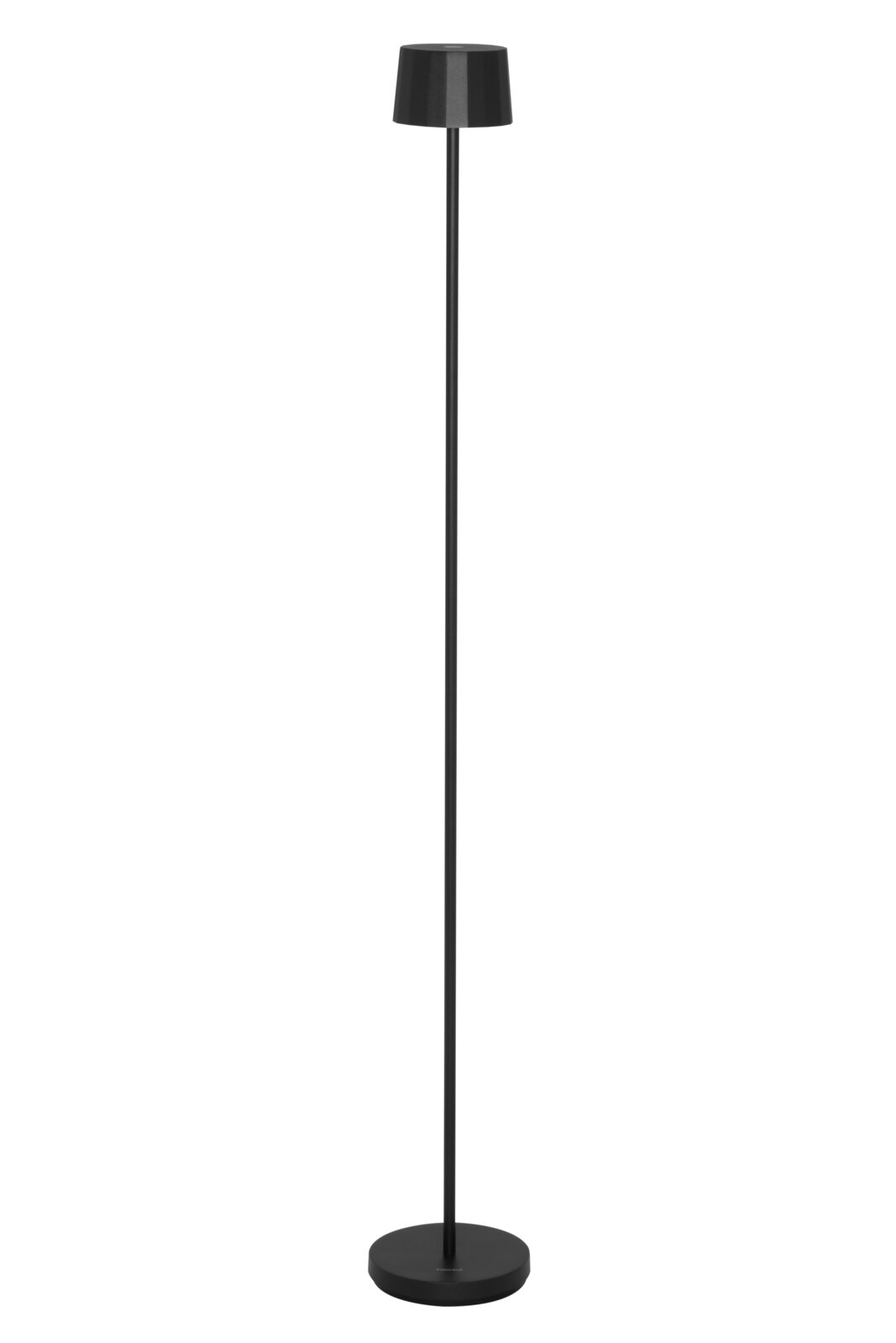 Schwarze Akku-Stehleuchte von Dieter Knoll, schlankes Design mit rundem Sockel und zylindrischem Lampenschirm, seitliche Perspektive