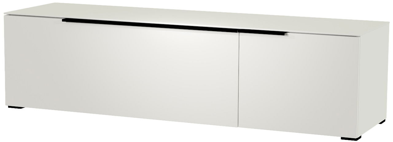 Weißes TV-Lowboard mit schlichter Frontansicht und schwarzem Griff, perspektivisch von vorne rechts fotografiert.