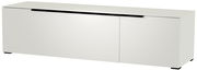 Weißes TV-Lowboard mit schlichter Frontansicht und schwarzem Griff, perspektivisch von vorne rechts fotografiert.