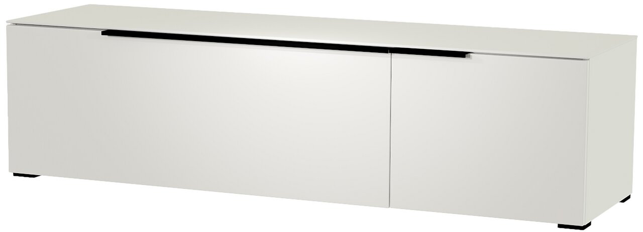 Weißes TV-Lowboard mit schlichter Frontansicht und schwarzem Griff, perspektivisch von vorne rechts fotografiert.