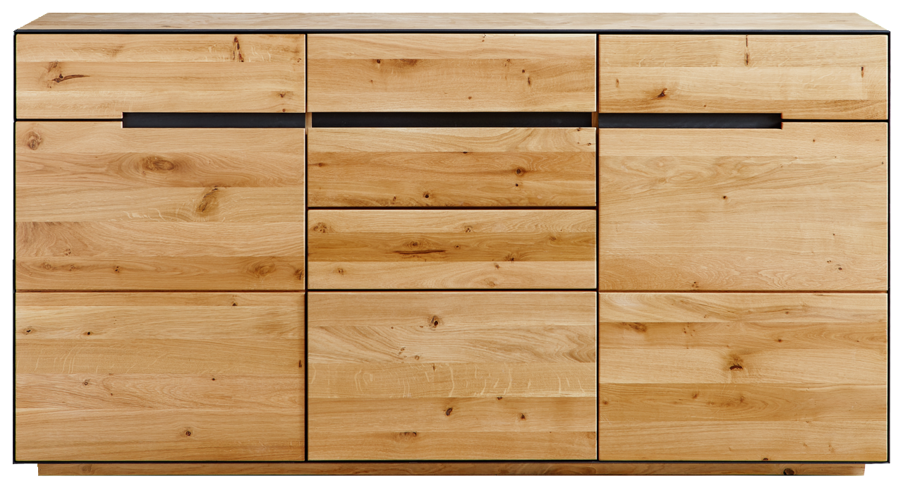 Frontale Ansicht eines modernen Sideboards aus hellem Holz mit mehreren Schubladen und Türen.