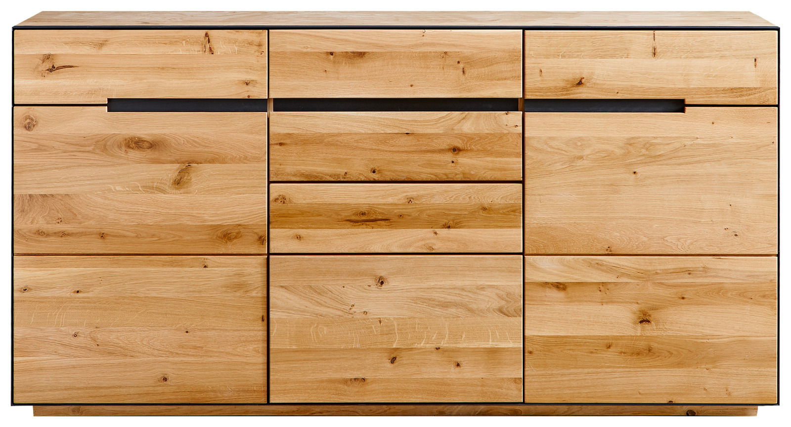 Frontale Ansicht eines modernen Sideboards aus hellem Holz mit mehreren Schubladen und Türen.
