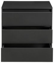 Schwarze Kommode mit drei offenen Schubladen, Frontalansicht