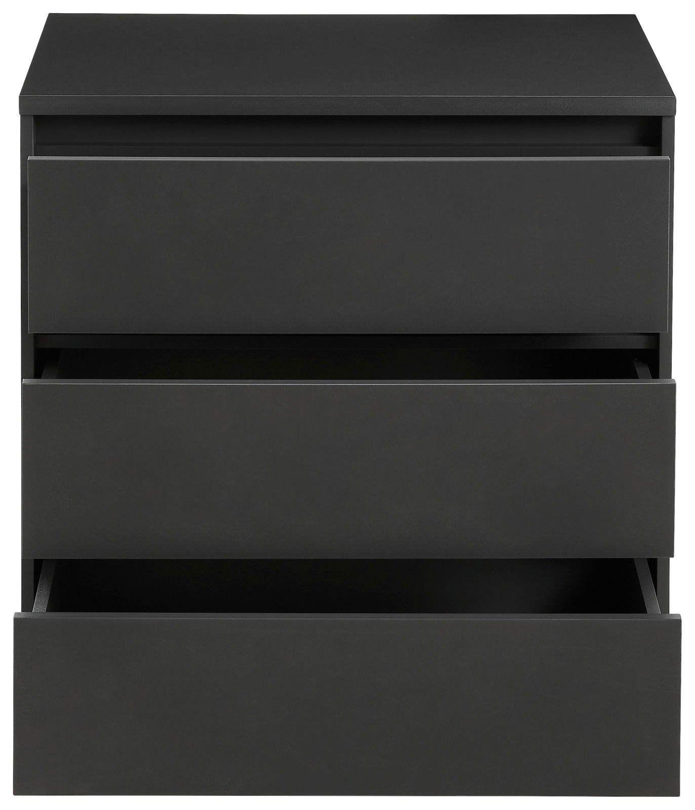 Schwarze Kommode mit drei offenen Schubladen, Frontalansicht
