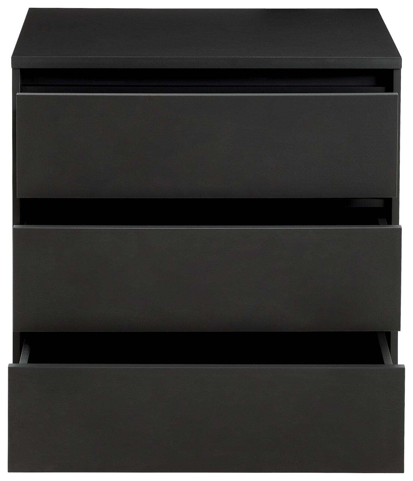 Schwarze Kommode mit drei offenen Schubladen, Frontalansicht