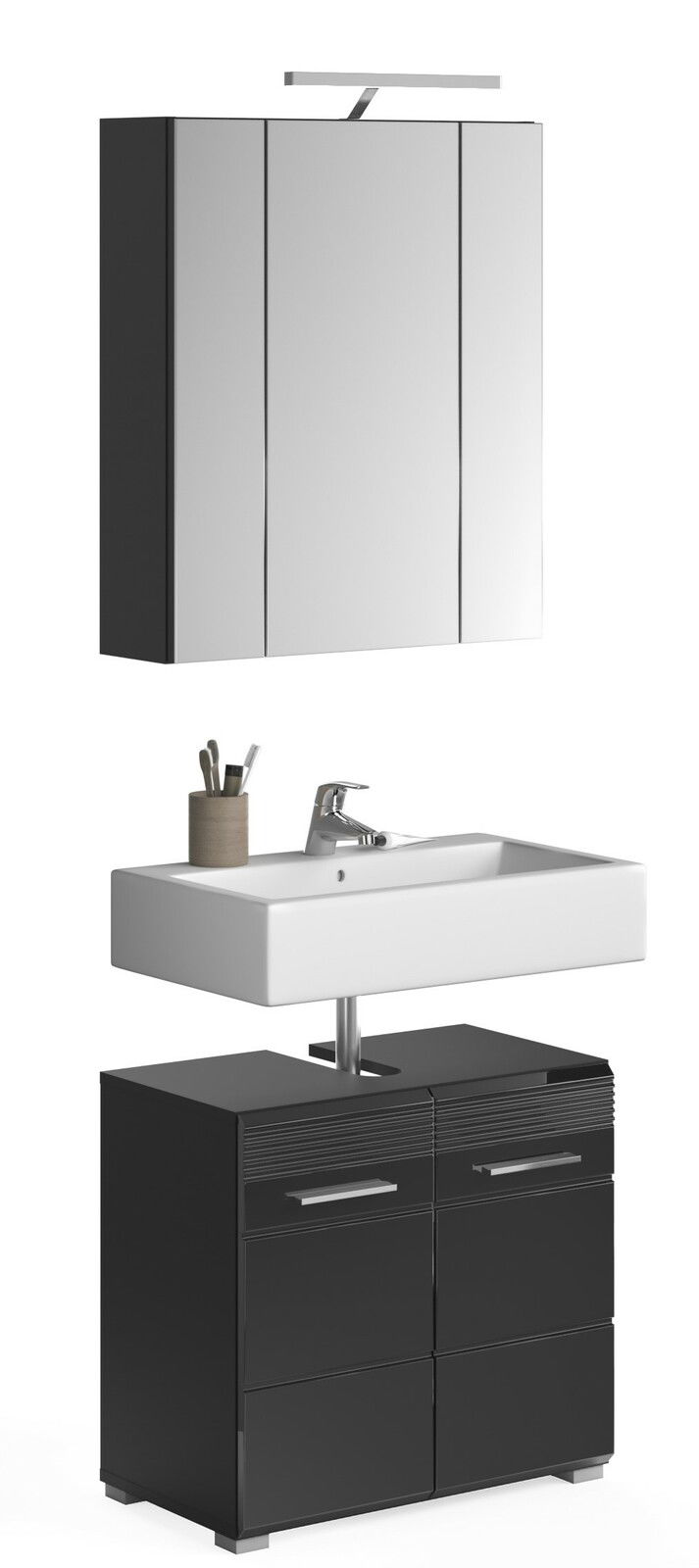 Moderne Badkombination mit Spiegelschrank, Waschbecken und Unterschrank in schwarzer Hochglanzoptik, Frontalansicht