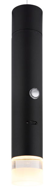 Schwarze zylindrische Akku-Pendelleuchte PELO von Globo Lighting, frontal betrachtet, mit sichtbarem Schalter und USB-Anschluss.