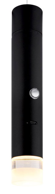 Schwarze zylindrische Akku-Pendelleuchte PELO von Globo Lighting, frontal betrachtet, mit sichtbarem Schalter und USB-Anschluss.