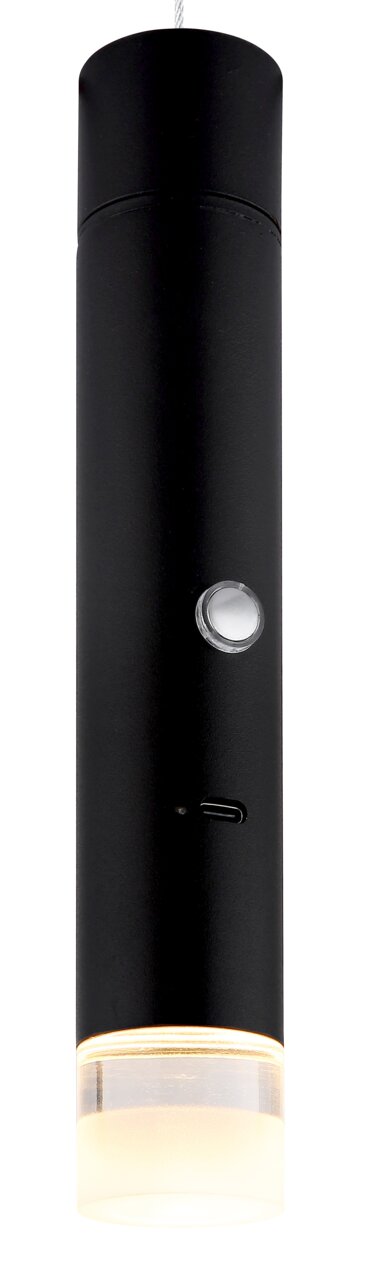 Schwarze zylindrische Akku-Pendelleuchte PELO von Globo Lighting, frontal betrachtet, mit sichtbarem Schalter und USB-Anschluss.