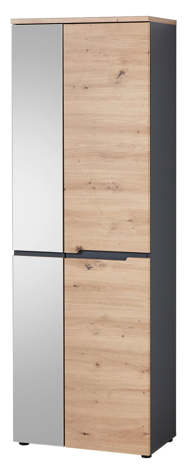 Moderner XL-Schuh- und Garderobenschrank mit Holz- und Spiegelfront, seitliche Perspektive.