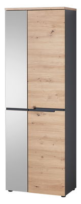 Moderner XL-Schuh- und Garderobenschrank mit Holz- und Spiegelfront, seitliche Perspektive.