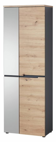 Moderner XL-Schuh- und Garderobenschrank mit Holz- und Spiegelfront, seitliche Perspektive.