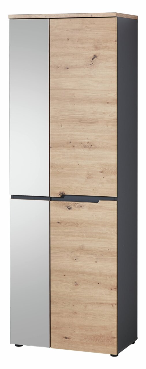 Moderner XL-Schuh- und Garderobenschrank mit Holz- und Spiegelfront, seitliche Perspektive.