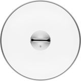 Draufsicht auf einen runden Glasdeckel mit Edelstahlgriff, passend für den WOK FT PLATINUM 36CM.