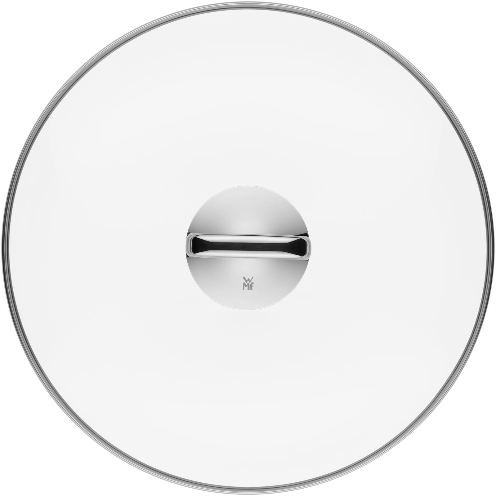 Draufsicht auf einen runden Glasdeckel mit Edelstahlgriff, passend für den WOK FT PLATINUM 36CM.