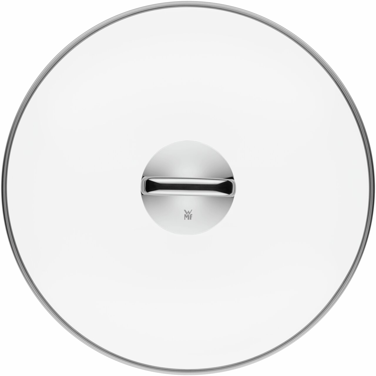 Draufsicht auf einen runden Glasdeckel mit Edelstahlgriff, passend für den WOK FT PLATINUM 36CM.