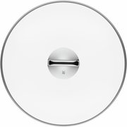 Draufsicht auf einen runden Glasdeckel mit Edelstahlgriff, passend für den WOK FT PLATINUM 36CM.