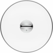 Draufsicht auf einen runden Glasdeckel mit Edelstahlgriff, passend für den WOK FT PLATINUM 36CM.