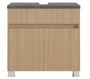 Waschbeckenunterschrank aus Holz mit geriffelter Oberfläche und grauer Steinplatte, Frontalansicht