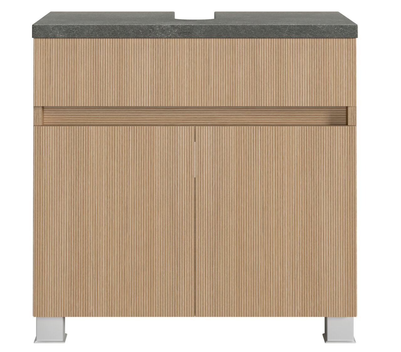 Waschbeckenunterschrank aus Holz mit geriffelter Oberfläche und grauer Steinplatte, Frontalansicht