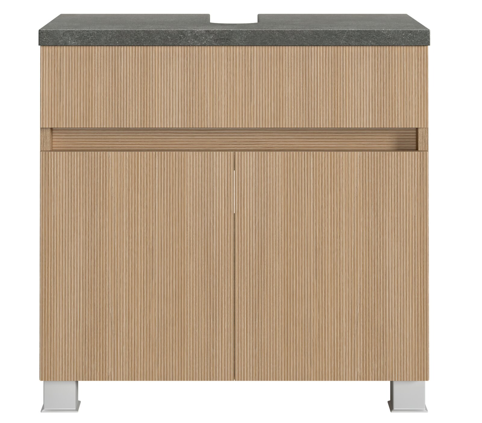 XORA Waschbeckenunterschrank TOULON Waschbeckenunterschrank aus Holz mit geriffelter Oberfläche und grauer Steinplatte, Frontalansicht
