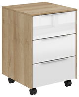 Rollcontainer mit drei Schubladen, Holzoptik und weißen Fronten, auf Rollen, seitliche Perspektive